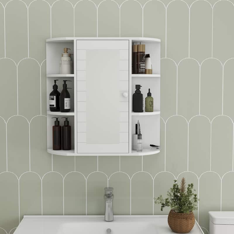 Wall-Mounted Bathroom Medicine Cabinet with Mirror Door, 6 Open Shelves and 3 Adjustable Shelves - 6.69X23.42 in - 6.69X23.42 in - White + MDF