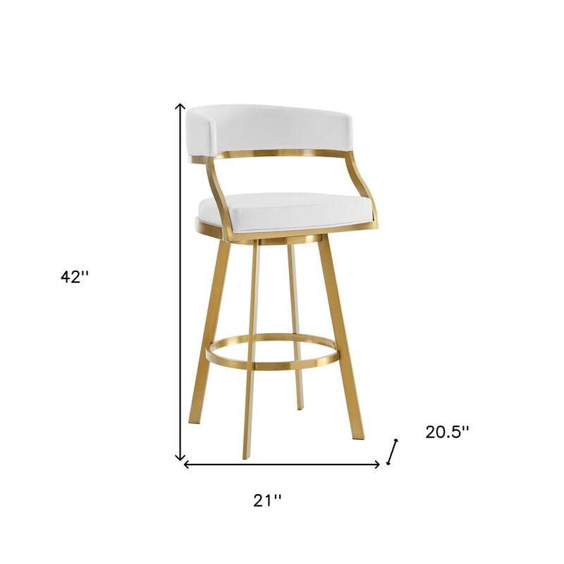 HomeRoots 30" White and Gold Faux Leather and Stainless Steel Low Back Bar Height Swivel Bar Chair
