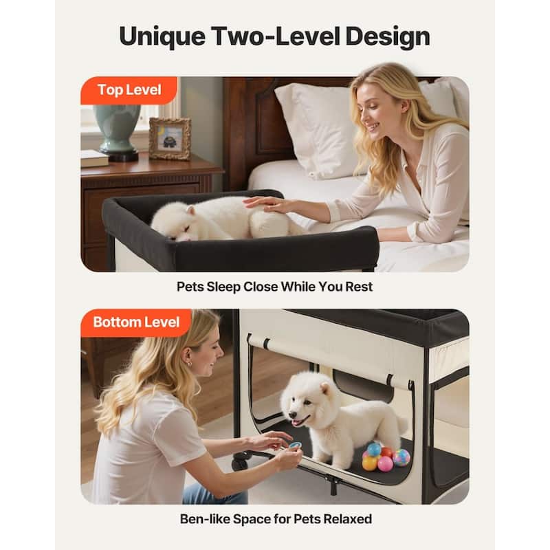 Beige Carbon Steel Dual-Level Pet Bed with Wheels and Foldable Design