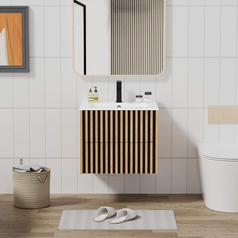 Wall Mounted Bathroom Vanity Set Mid-Century Storage Cabinet with Ceramic Sink - 24 in - Brown