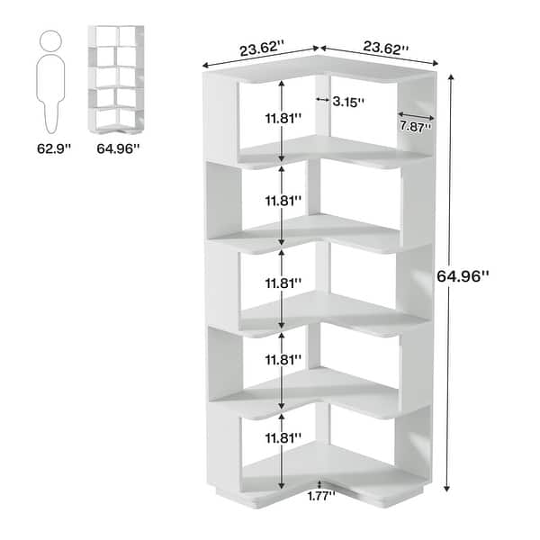 dimension image slide 5 of 6, 6-Tier Corner Bookshelf, 64.9 Inch Industrial Bookcase with Baffles