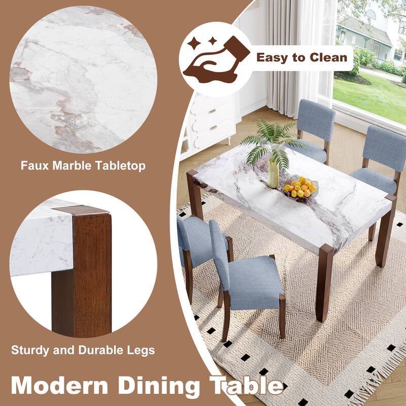 5-Piece 46" Faux Marble Dining Table Set with 4 Upholstered Chairs, Modern Rubberwood Dinette Set for Kitchen or Dining Room
