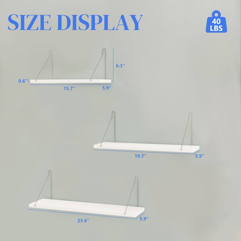Floating Shelves for Wall with Silver Metal Brackets White for Bedroom Living Room - 23.62 x 5.91 x 5.91 inch