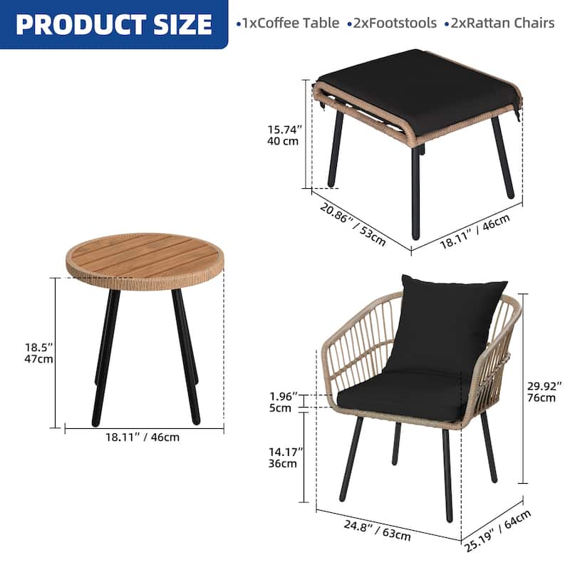 Moasis 5-Piece Outdoor Wicker Patio Bistro Set with Footrest Ottomans