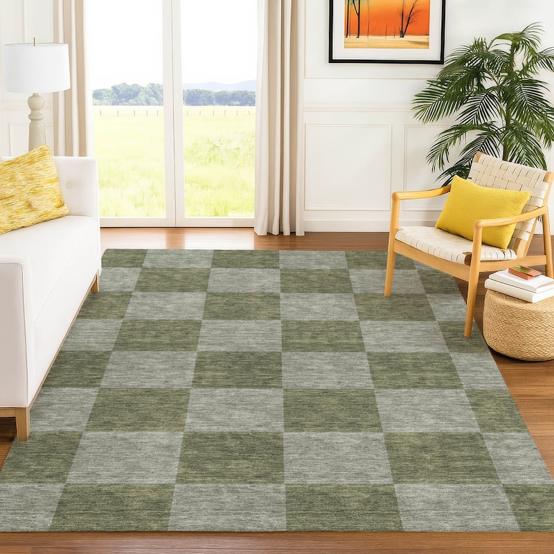 Machine Washable Indoor/ Outdoor Modern Checker Chantille Rug