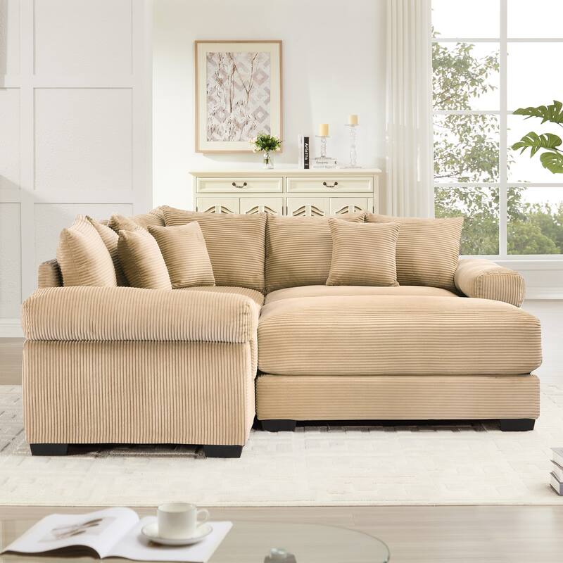 GDFStudio - Corduroy 3-Seater 79.1" Cloud Modular Sectional Couch with Ottoman