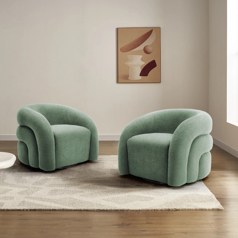 Set of 2 Boucle Upholstered Swivel Accent Barrel Chairs - Green