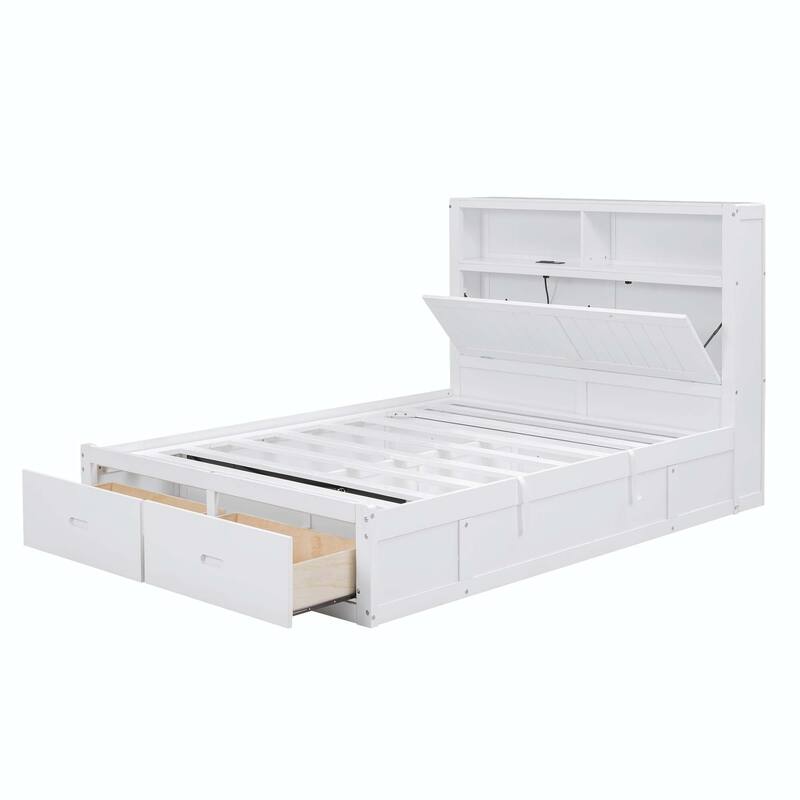 Hydraulic Platform Bed with Storage LED Headboard, Charging Station and 2 Drawers