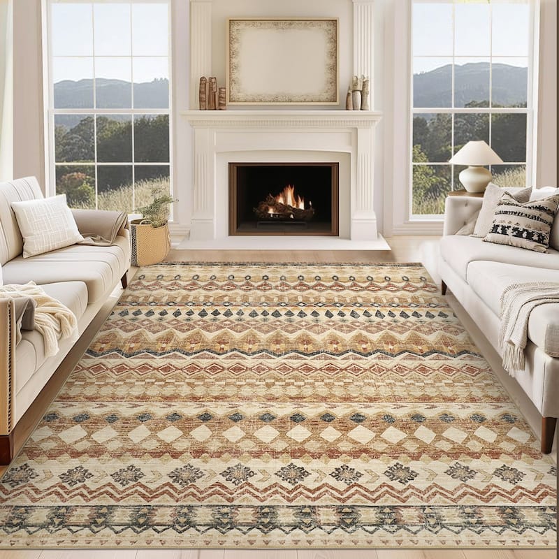 Garvee Boho Geo Low Pile Foldable Area Rug - 5' x 7' - Beige - Rectangle