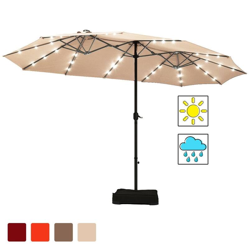 15 Ft Solar LED Patio Double-sided Umbrella Market Umbrella with Weight Base - 15' x 8' (W x H)