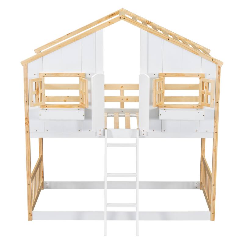 Roomfitters Twin Over Twin House Bunk Bed with Roof, Window Box, Door, Safety Guardrails and Ladder