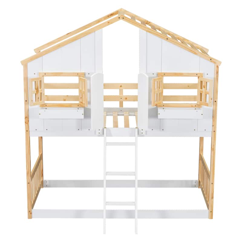 Twin Pine House Bunk Bed with Roof and Ladder