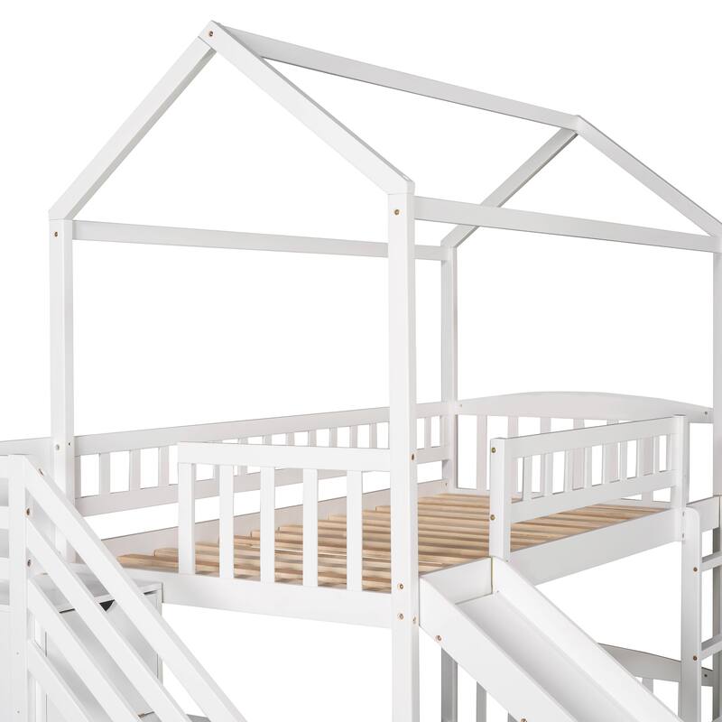 Twin Over Twin Staircase Bunk Bed with Ladder and Slide, LShaped