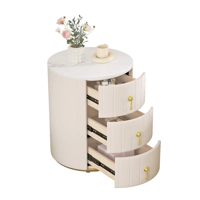 Round Nightstand with 3 Drawers, Velvet Upholstered Storage Cabinet, Sofa Side Table with Marble Table Top & Metal Legs
