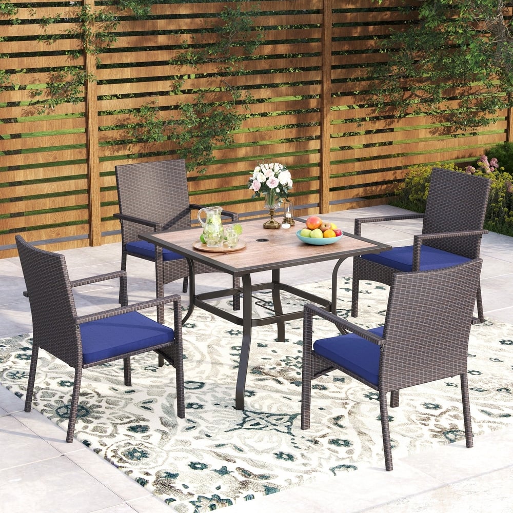 5-Piece Patio Dining Set, 36" Square Acacia Wood Table and 4 Rattan Armrest Chairs