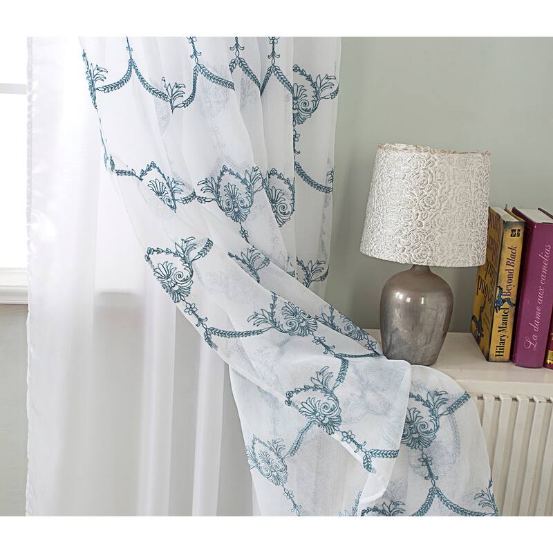 Embroidered Window Curtain Panel with Attached Valance 90"