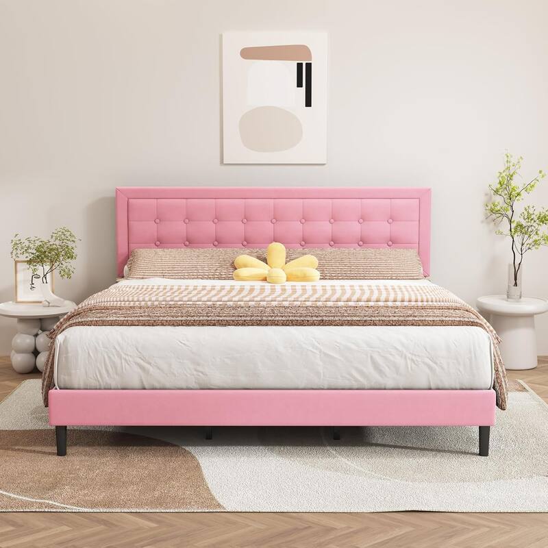 alazyhome Upholstered Platform Bed Frame with Button Tufting Headboard - Pink - King