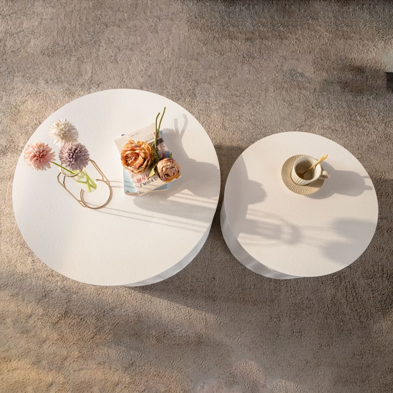 White Round Storage Table Set with Lift-Off Lid, Nesting Design, Elegant Curved-Edge Shape for Cozy Living Room Styling