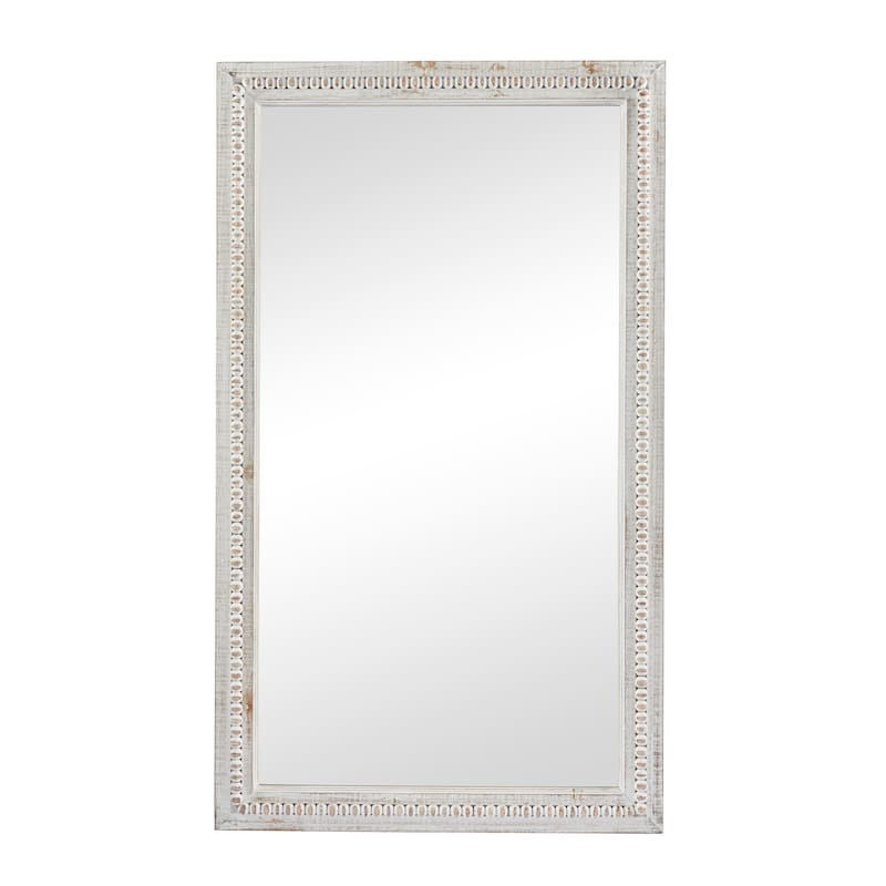 Wood Carved Beaded Wall Mirror - White - Roche River Decor - 1"W x 28"L x 48"H