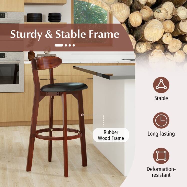 Walnut and Black Rubber Wood Bar Stools Set of 2 with PU Leather Seat and Footrest