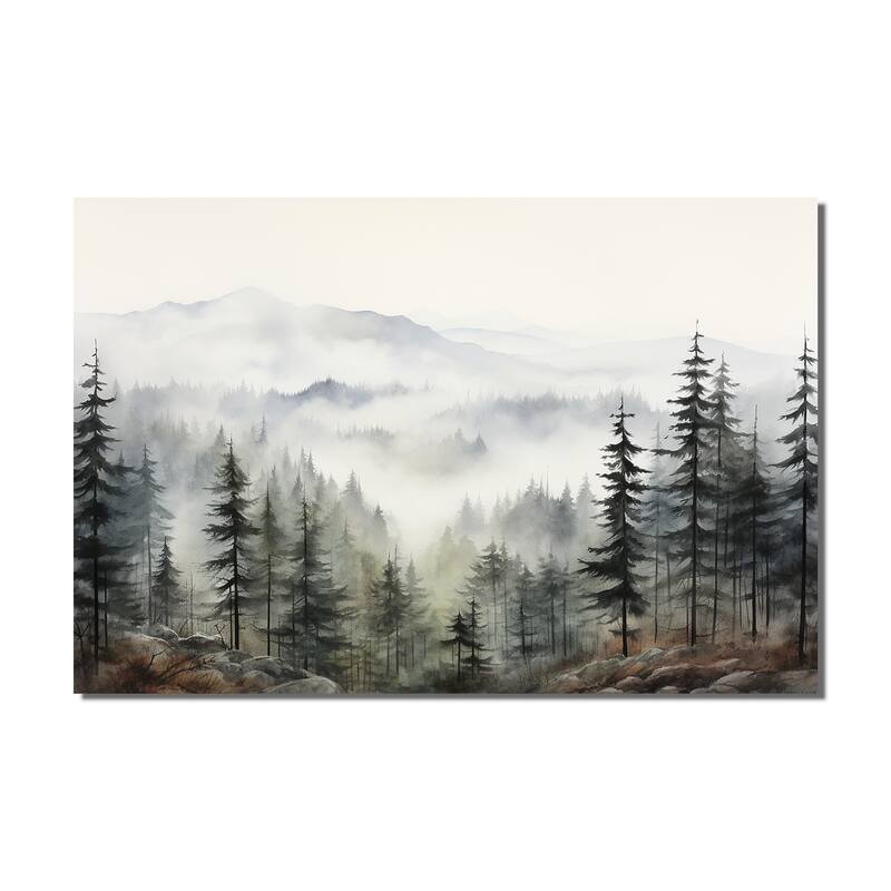 Designart "Pine Tree Misty Mountain II" Floral Wall Art Living Room
