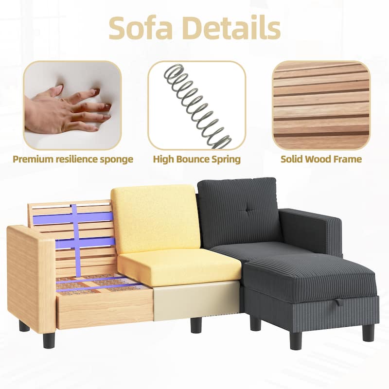 Futzca Modern Living Room Sofa Couch with Movable Ottoman & Extra Storage