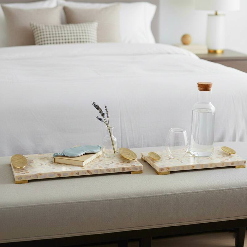 Rectangular Textured Tray with Metal Handles-Set of 2, 22", 18", White - 22.0"