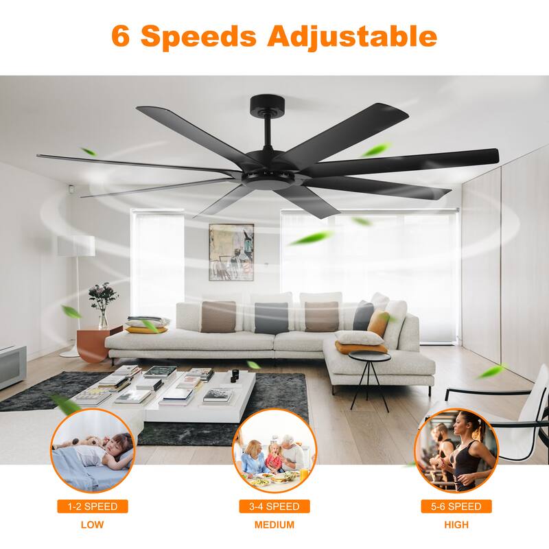 72 inch Ceiling Fan No Light Remote 8 Reversible Blades Quiet DC Motor 6 Speed Timer Black