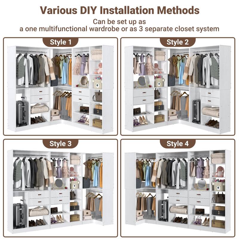 Rackcog 71'' - 110'' Set of 3 Freestanding Corner Closet Organizer, Reversible Wardrobe with Hanging Rods
