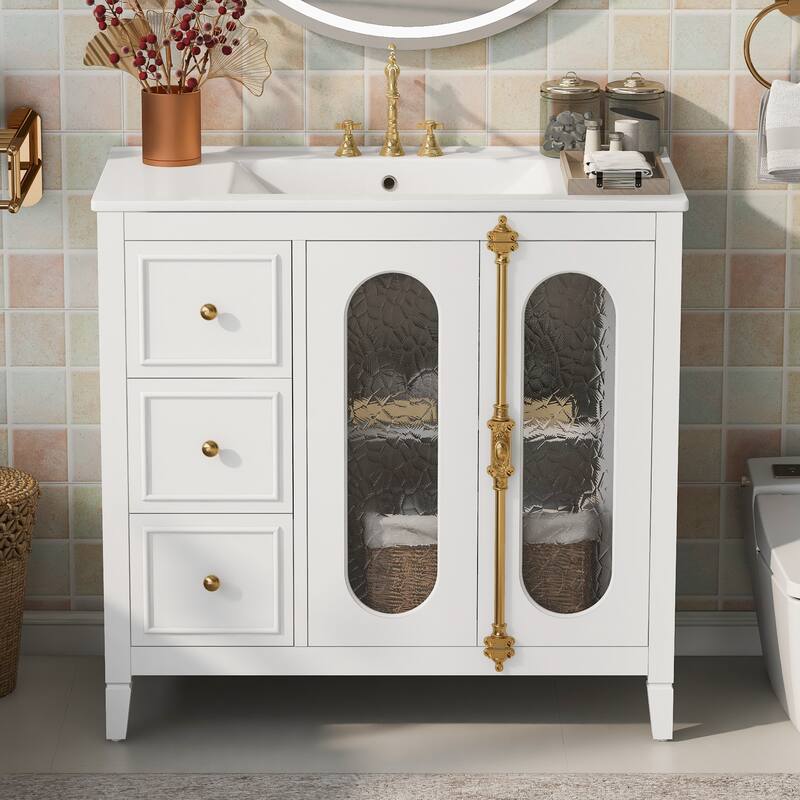 36" Bathroom Vanity with Soft-Close Doors - Solid Wood Storage Cabinet with 3 Drawers, Modern Design - White