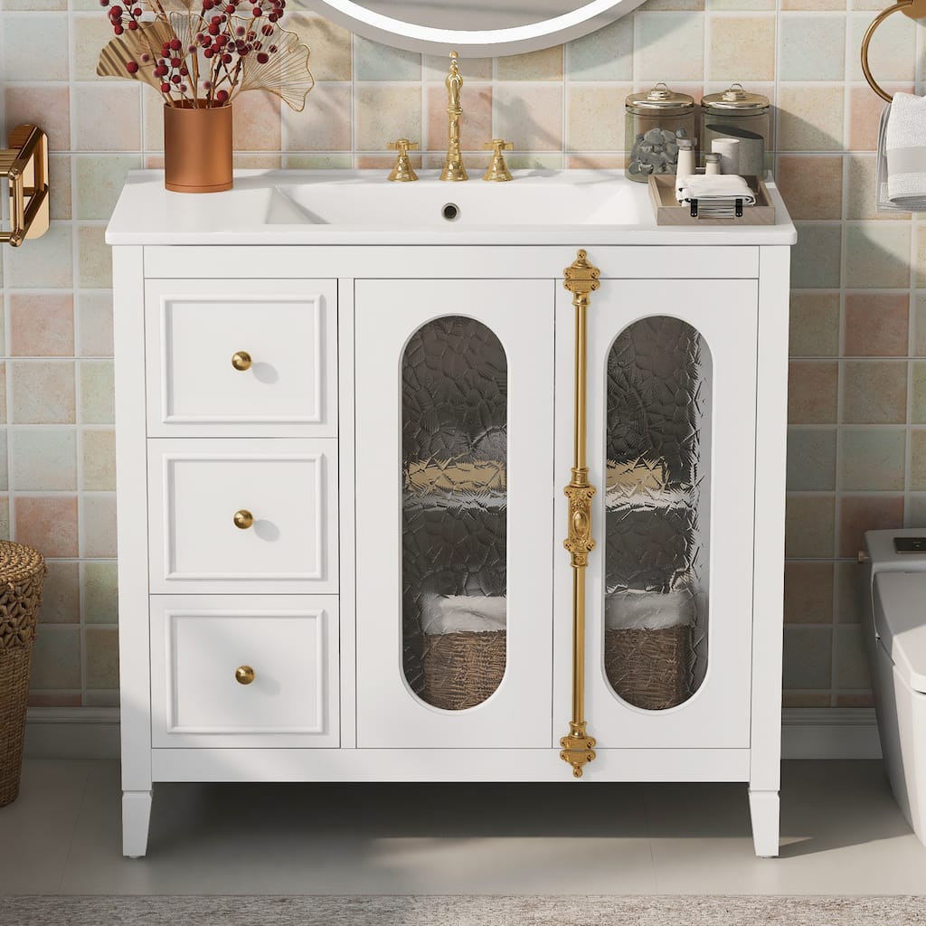 36" Bathroom Vanity with Soft-Close Doors - Solid Wood Storage Cabinet with 3 Drawers, Modern Design