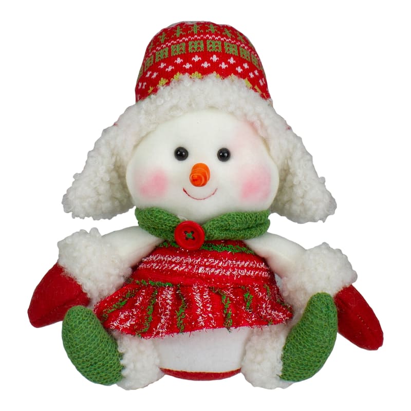 8" Red and Green Sitting Snowman Girl Christmas Figure