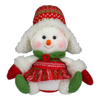 8" Red and Green Sitting Snowman Girl Christmas Figure