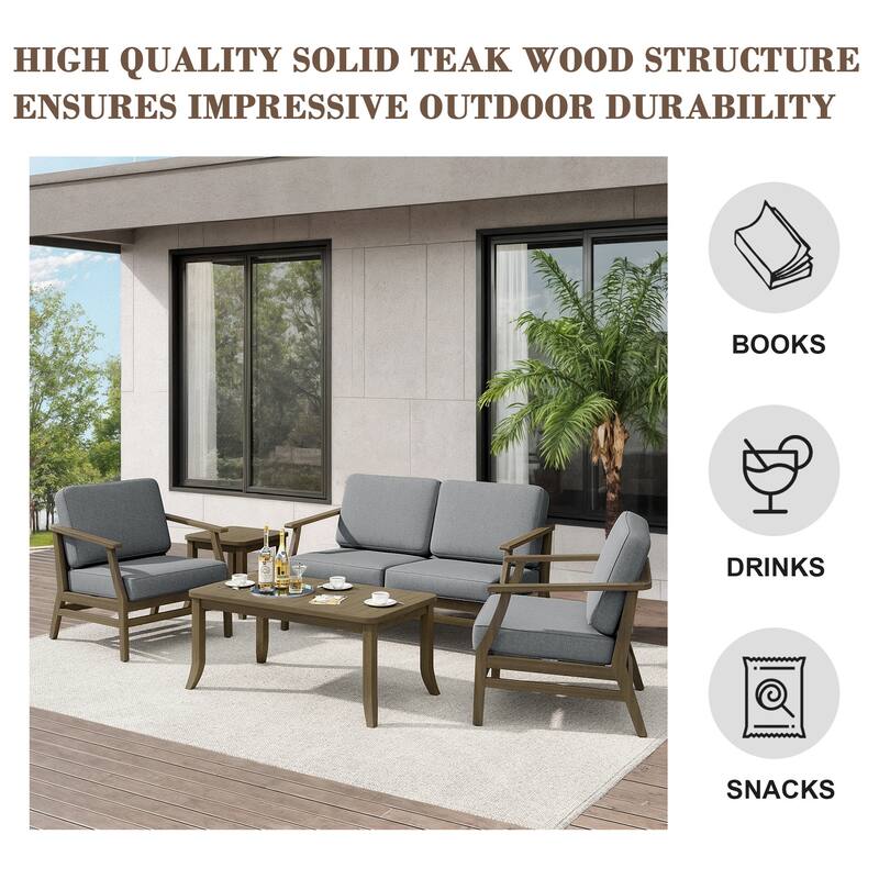 Teak Outdoor Patio Seating Set with Loveseat, Chairs and Tables (5-Piece)