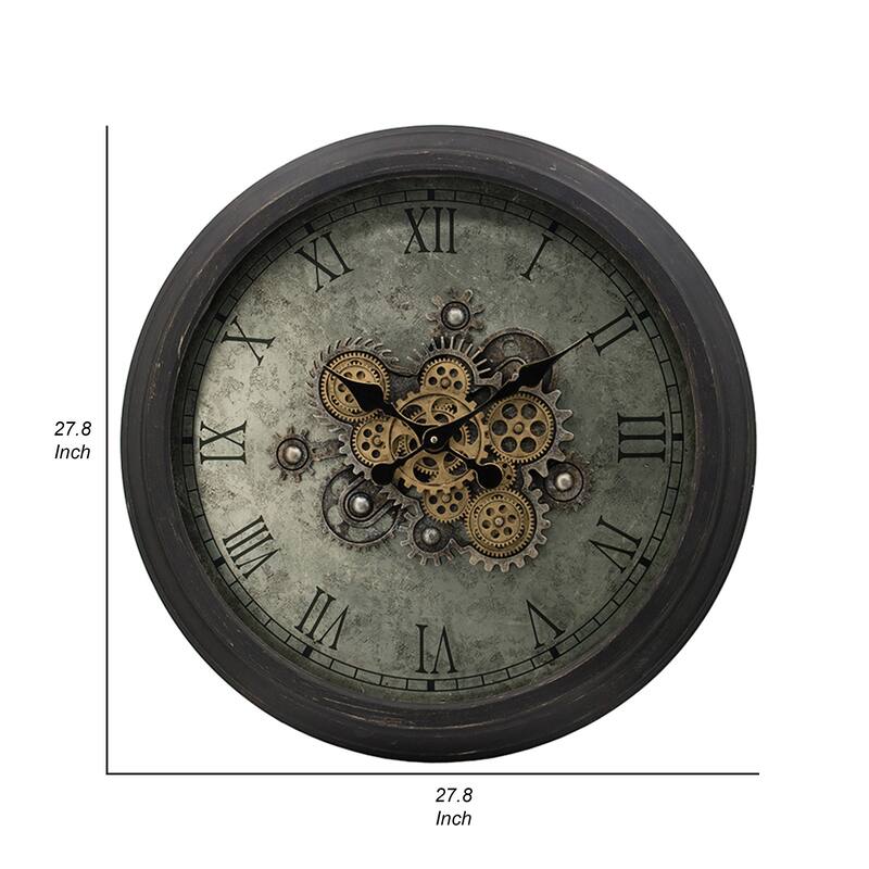 28 Inch Wall Clock, Round Vintage Gear Design, Gold and Dark Brown Finish