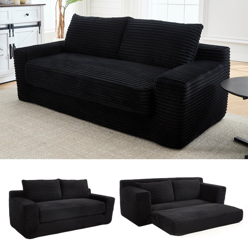 Corduroy 2-in-1 Convertible Loveseat Sofa Upholstered Deep Seat Sofa w2 Pillows Tufted Couch Livingroom Recliner Sofa - Black