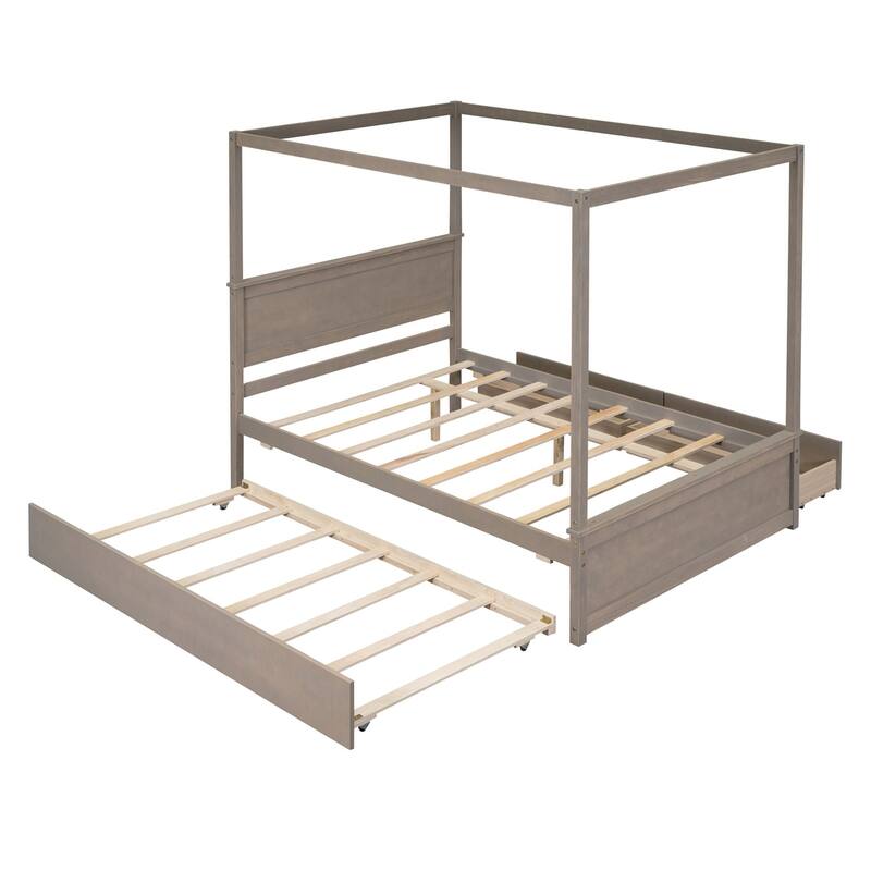 Merax Full Size Canopy Bed with Trundle Bed and two Drawers