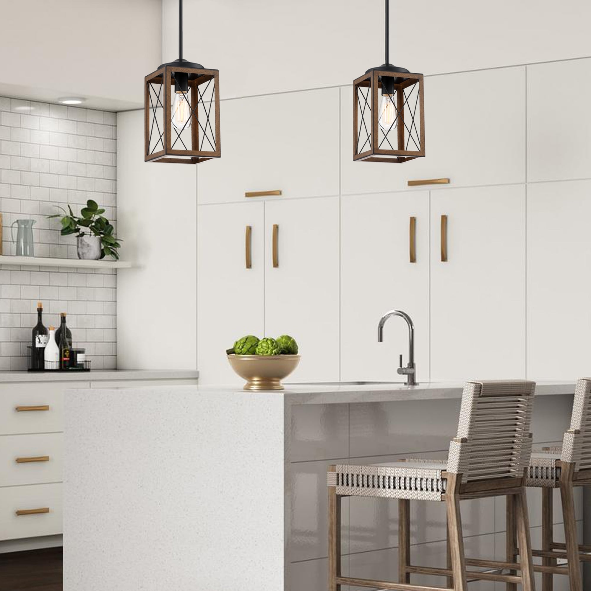 1 Light Cage Mini Pendant Light with Matte Black and Barnwood Accents Bed Bath Beyond 35706060