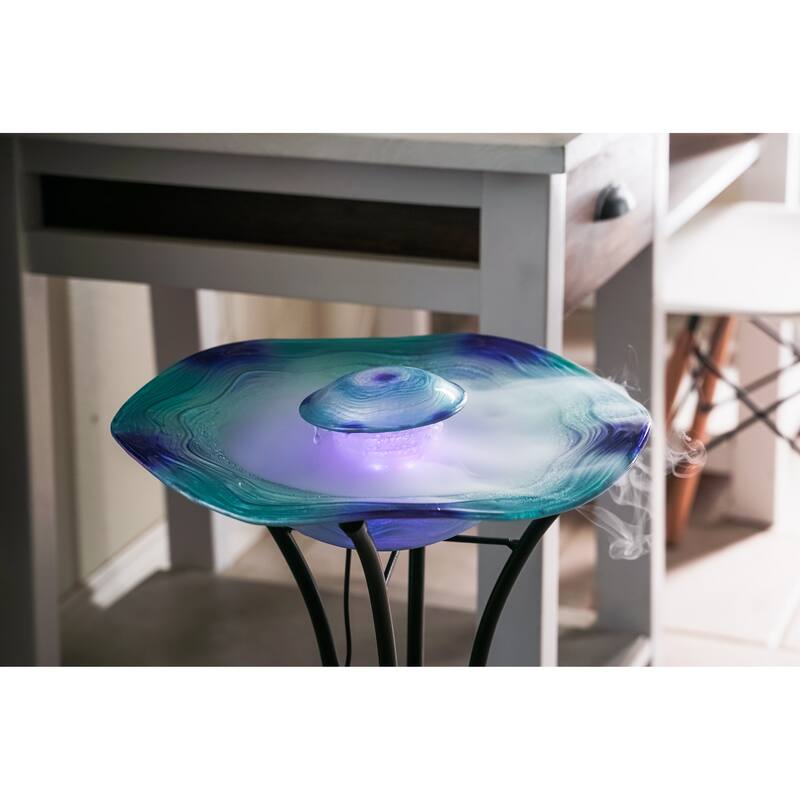 27in Tall Floor Mist Fountain with LED Lights and Inline Control - Blue Glass and Metal Design, Blue Freestanding Mist Fountain