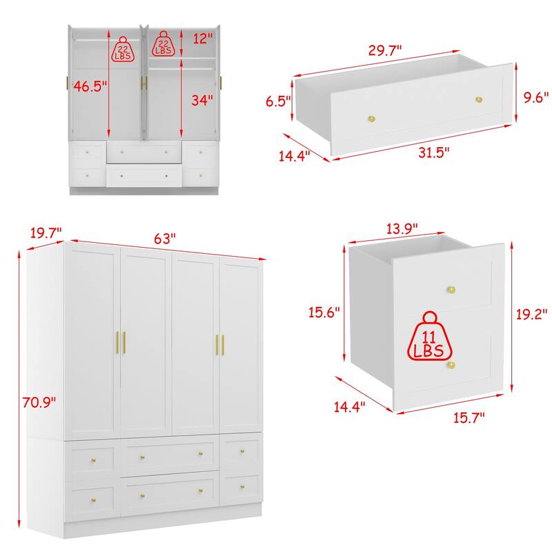 White Wardrobe Closet with Gold Handles - Modern Storage Cabinet with Drawers