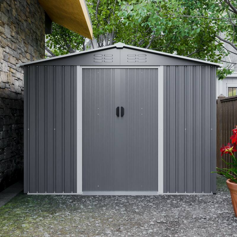 8x6 FT Outdoor Tool Storage Shed with Metal Foundation & Lockable Doors, All Weather Metal Sheds for Garden, Backyard