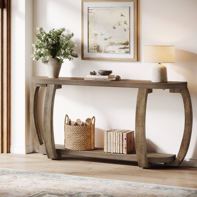 63-Inch Wooden Console Table, Long Entryway Table with Curved Legs - Brown