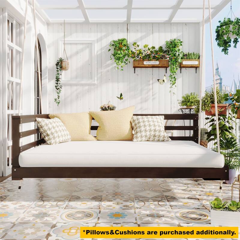 Patio Wooden Twin Size Swing Daybed Porch Swing Frame With Hemp Ropes (Excluding the table)