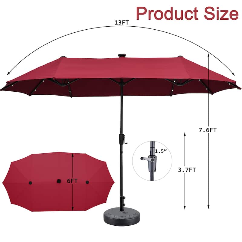 Ainfox 13ft Double-sided Patio Umbrella Solar LED Lighted Outdoor Martet Umbrella with Base