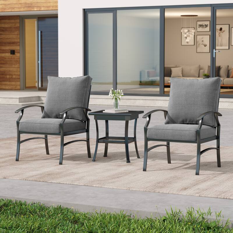 3 Piece Patio Metal Armchair/Side Table Seating Group with Cushions