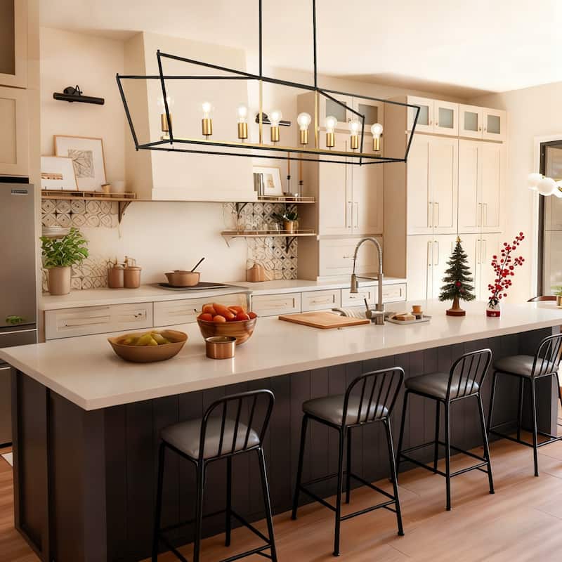 Modern Farmhouse 8-Light Geometric Chandelier Black Gold Kitchen Island Light - W 55.1" x D 14.5" x H 12.7"