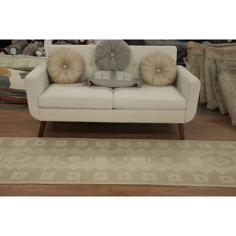 Hand Woven Oriental 100% Wool Carpet Southwestern Tribal Beige & Ivories Kilim Runner Rug - 11' 4'' X 2' 7''