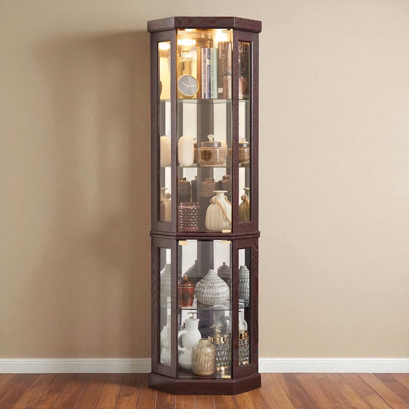 Lighted Corner Curio Cabinet with Glass Doors, Adjustable Shelves & Mirrored Back, Elegant Display Case for Collectibles