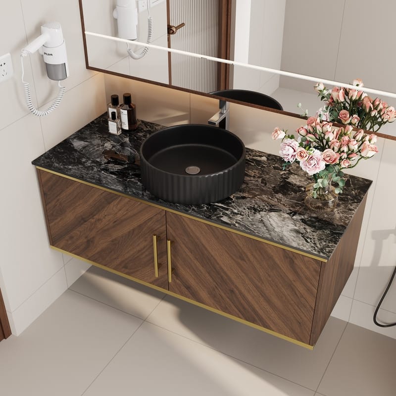 48" Wall-Mounted Bathroom Vanity, Faux Marble Top, Walnut Floating Cabinet