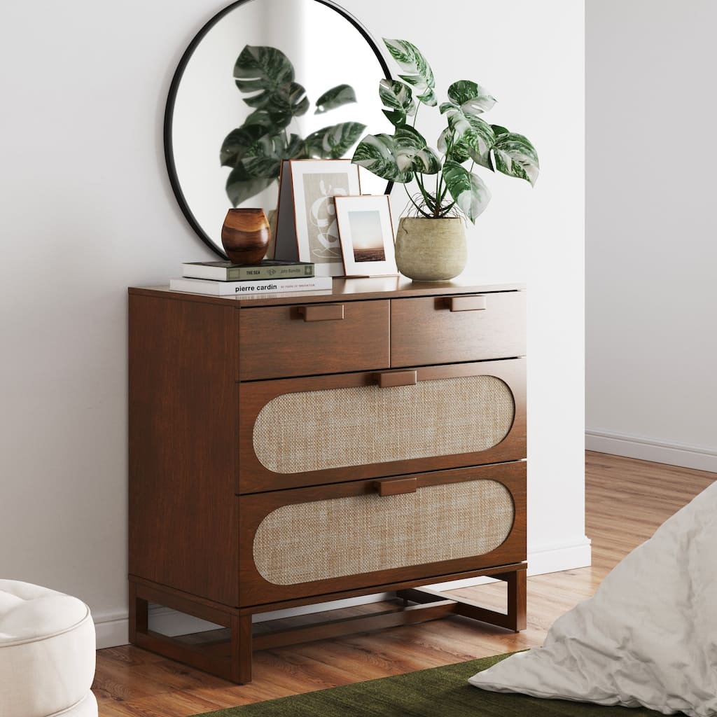 Paxton Mid-Century Modern 3-Drawer Dresser with Solid Wood Frame and Rattan Accent
